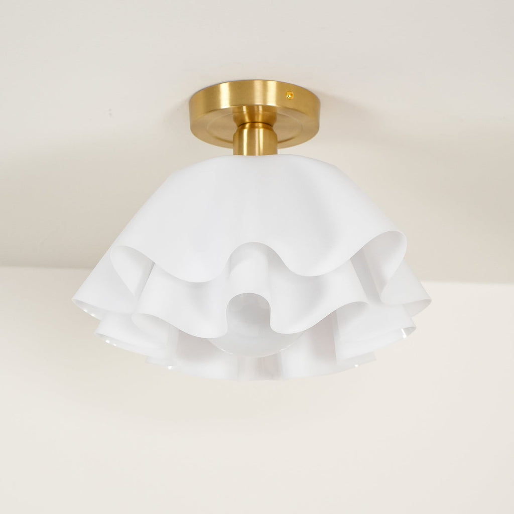 Ruffled Shade Semi Flush Mount Ceiling Light With Brass Fitting