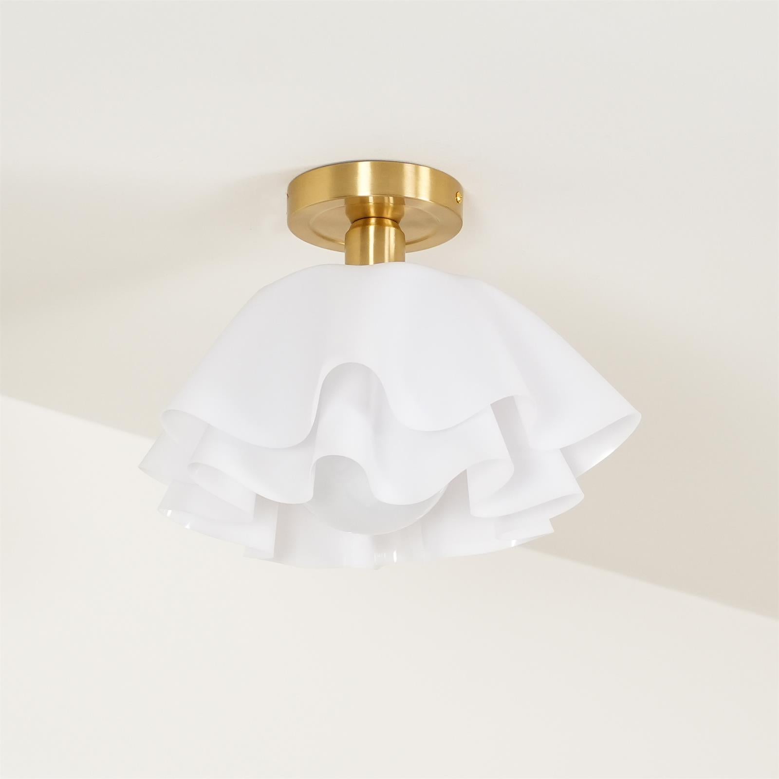 Ruffled Shade Semi Flush Mount Ceiling Light With Brass Fitting