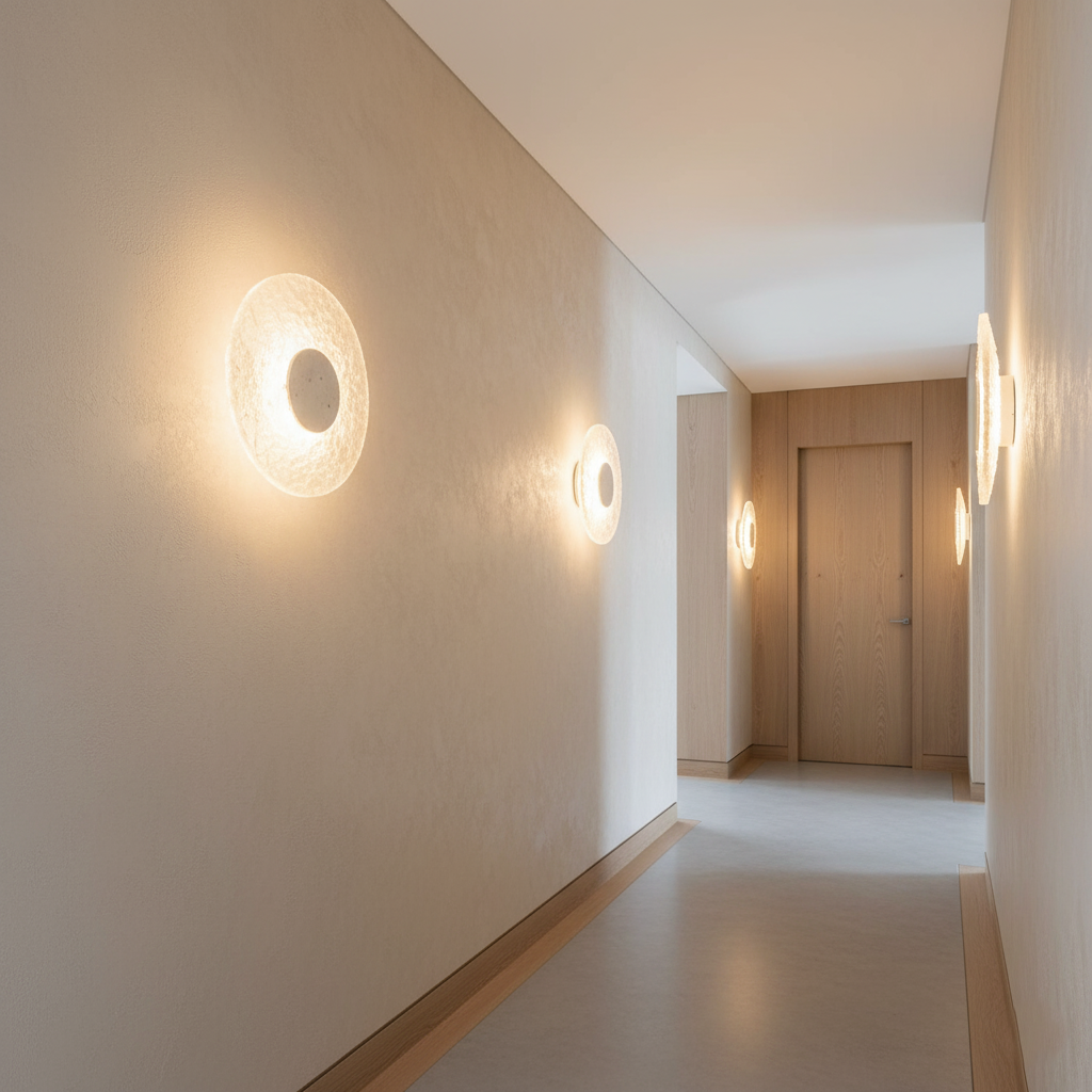 Acrylic Travertine Round Wall Light With Halo Glow Disc