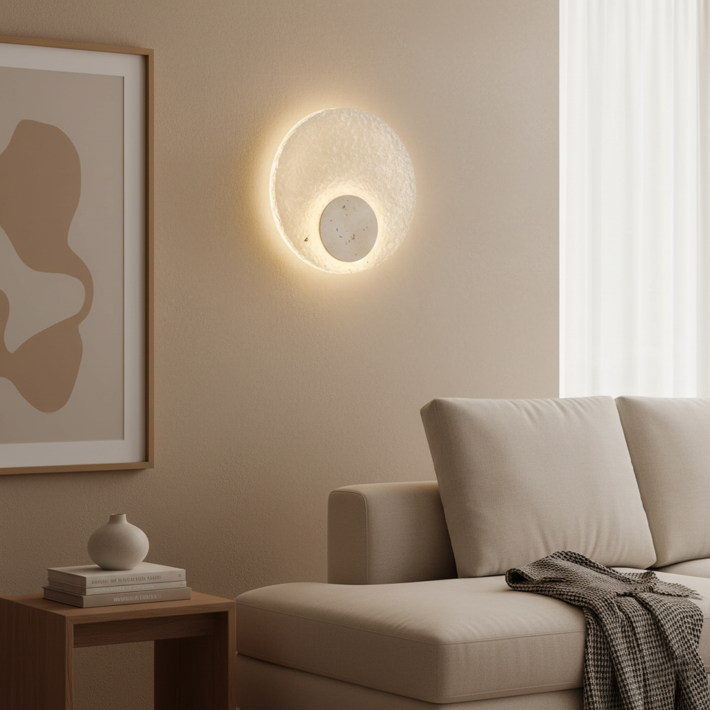 Acrylic Travertine Round Wall Light With Halo Glow Disc