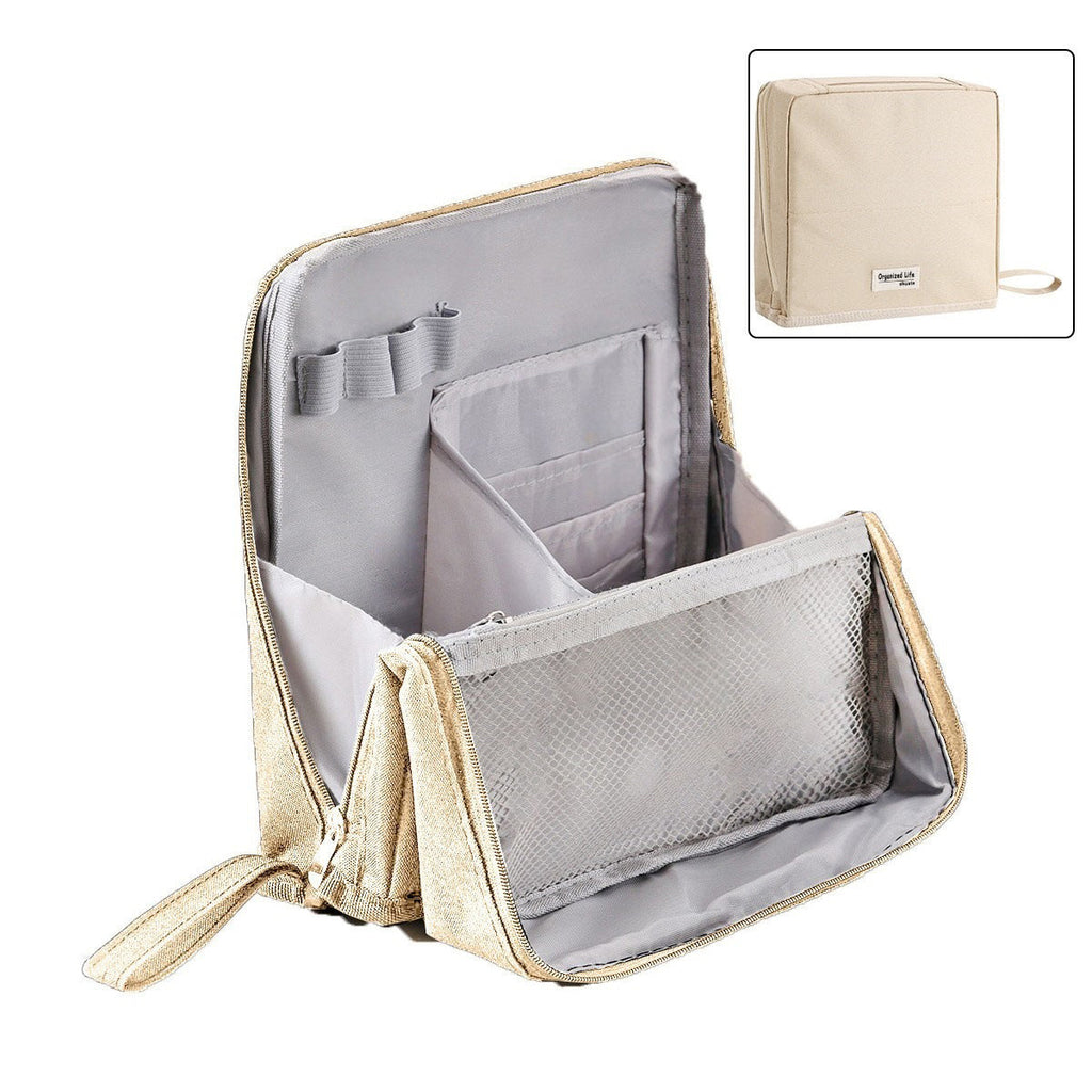 Travel Makeup Bag with Compartments Structured Waterproof Cosmetic Organiser Bag with Brush Holder and Mesh Pockets for Travel and Vanity
