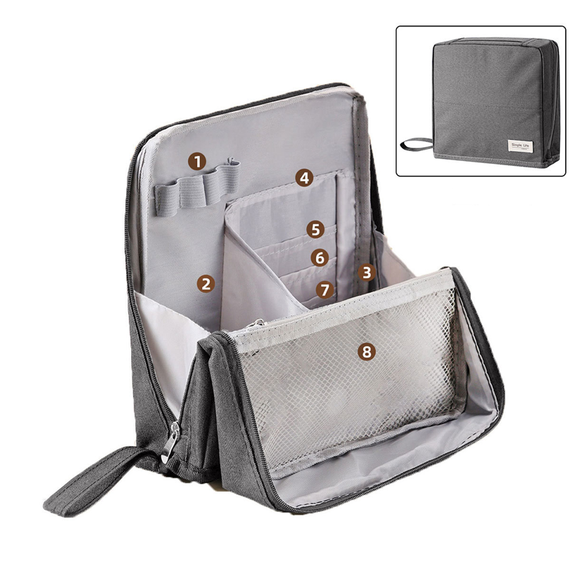 Travel Makeup Bag with Compartments Structured Waterproof Cosmetic Organiser Bag with Brush Holder and Mesh Pockets for Travel and Vanity