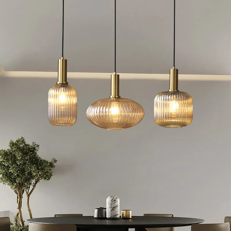 Ribbed Glass Pendant Lights With Metal Tube Fitting