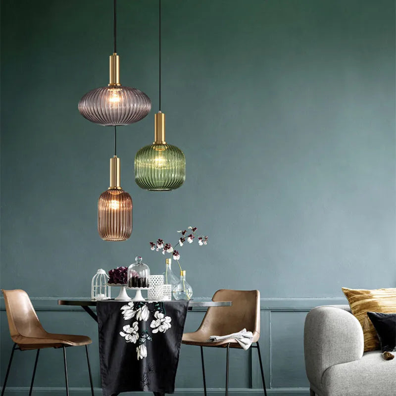 Ribbed Glass Pendant Lights With Metal Tube Fitting