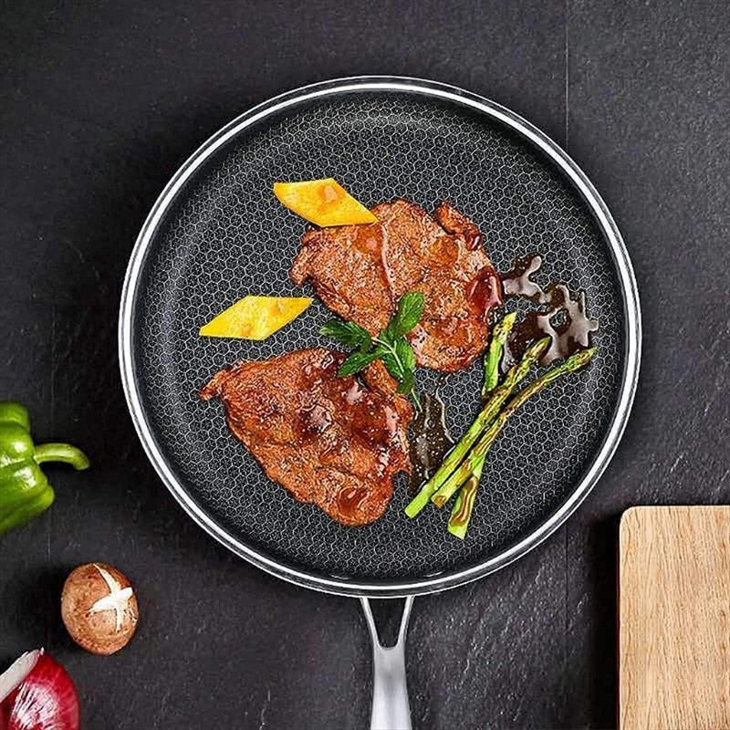 Stainless Steel Frying Pan with Honeycomb Non Stick Surface Scratch Resistant Rivet Free Skillet for Induction | Gas | Ceramic and Electric Hobs