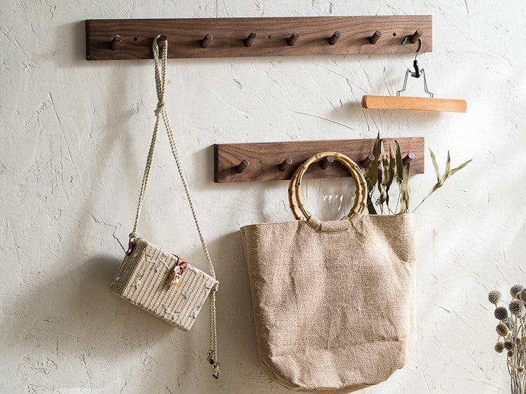Wooden Wall Coat Rack Solid Wood Hook Rail with Round Pegs Minimalist Japandi Wall Mounted Coat Hooks for Hallway | Bedroom and Bathroom