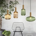 Ribbed Glass Pendant Lights With Metal Tube Fitting