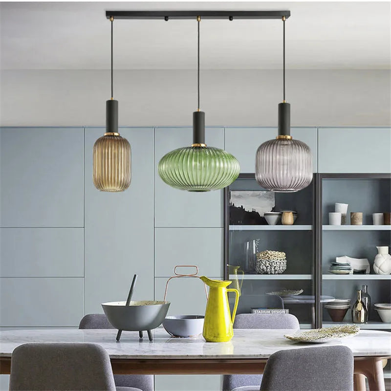 Ribbed Glass Pendant Lights With Metal Tube Fitting