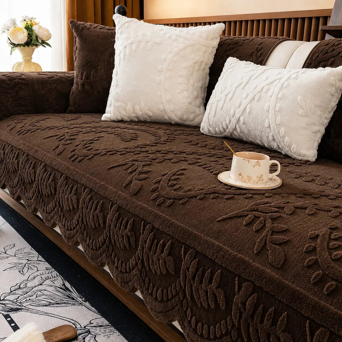 Embossed Plush Sofa Cover Non Slip Couch Protector with Botanical Leaf Pattern and Silicone Grip Backing Pet Friendly Sofa Seat Cover for Living Room