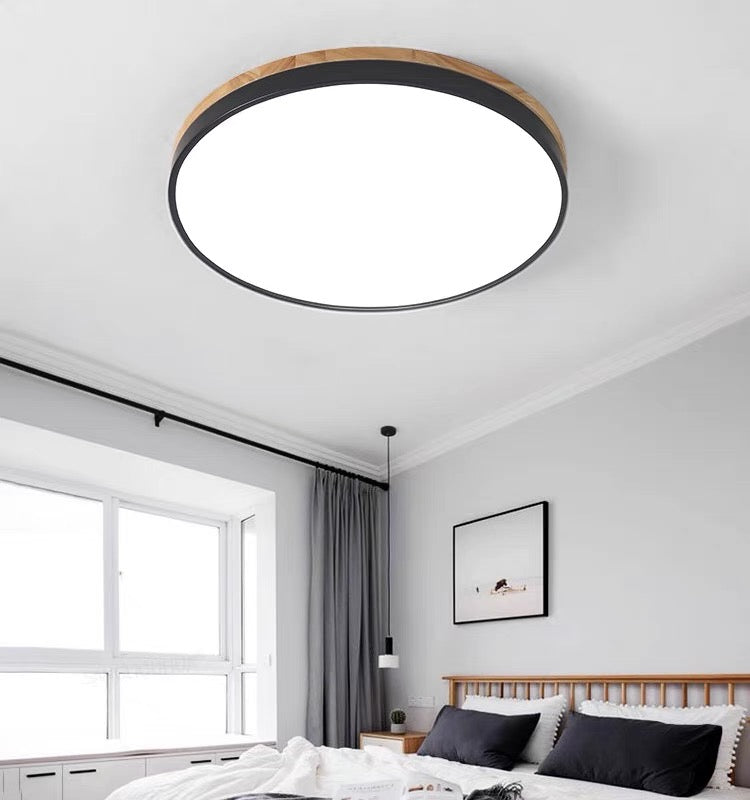 Round Flush LED Ceiling Light with Wood Trim for Living Room