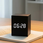 Mini LED Digital Alarm Clock Wooden Effect Cube Desk Clock with Time | Date and Temperature Display Adjustable Brightness Battery or USB Powered