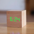 Mini LED Digital Alarm Clock Wooden Effect Cube Desk Clock with Time | Date and Temperature Display Adjustable Brightness Battery or USB Powered