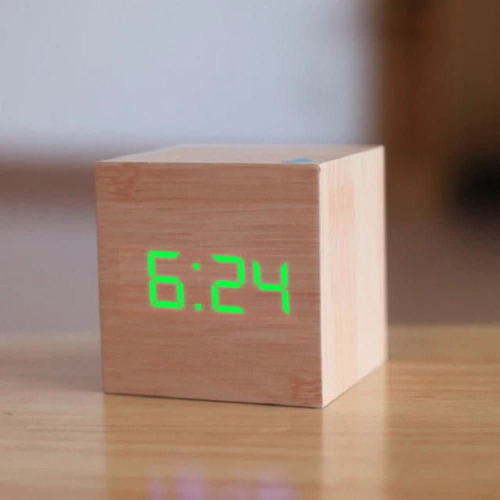 Mini LED Digital Alarm Clock Wooden Effect Cube Desk Clock with Time | Date and Temperature Display Adjustable Brightness Battery or USB Powered