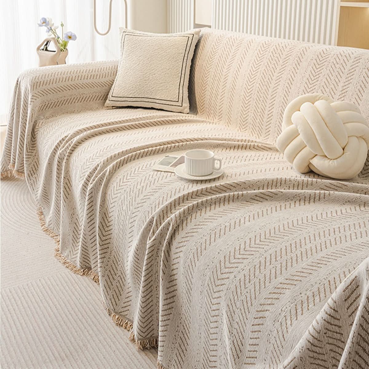 Chenille Sofa Cover Scratch Resistant Washable Sofa Throw with Herringbone Pattern and Fringe for Pet Owners and Families
