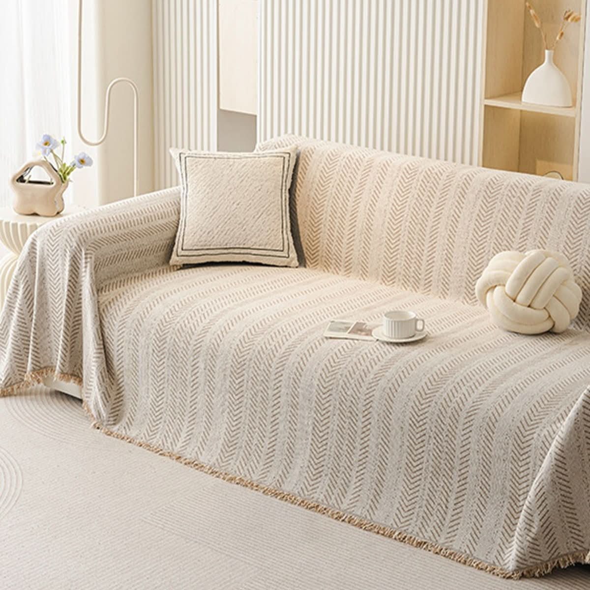 Chenille Sofa Cover Scratch Resistant Washable Sofa Throw with Herringbone Pattern and Fringe for Pet Owners and Families
