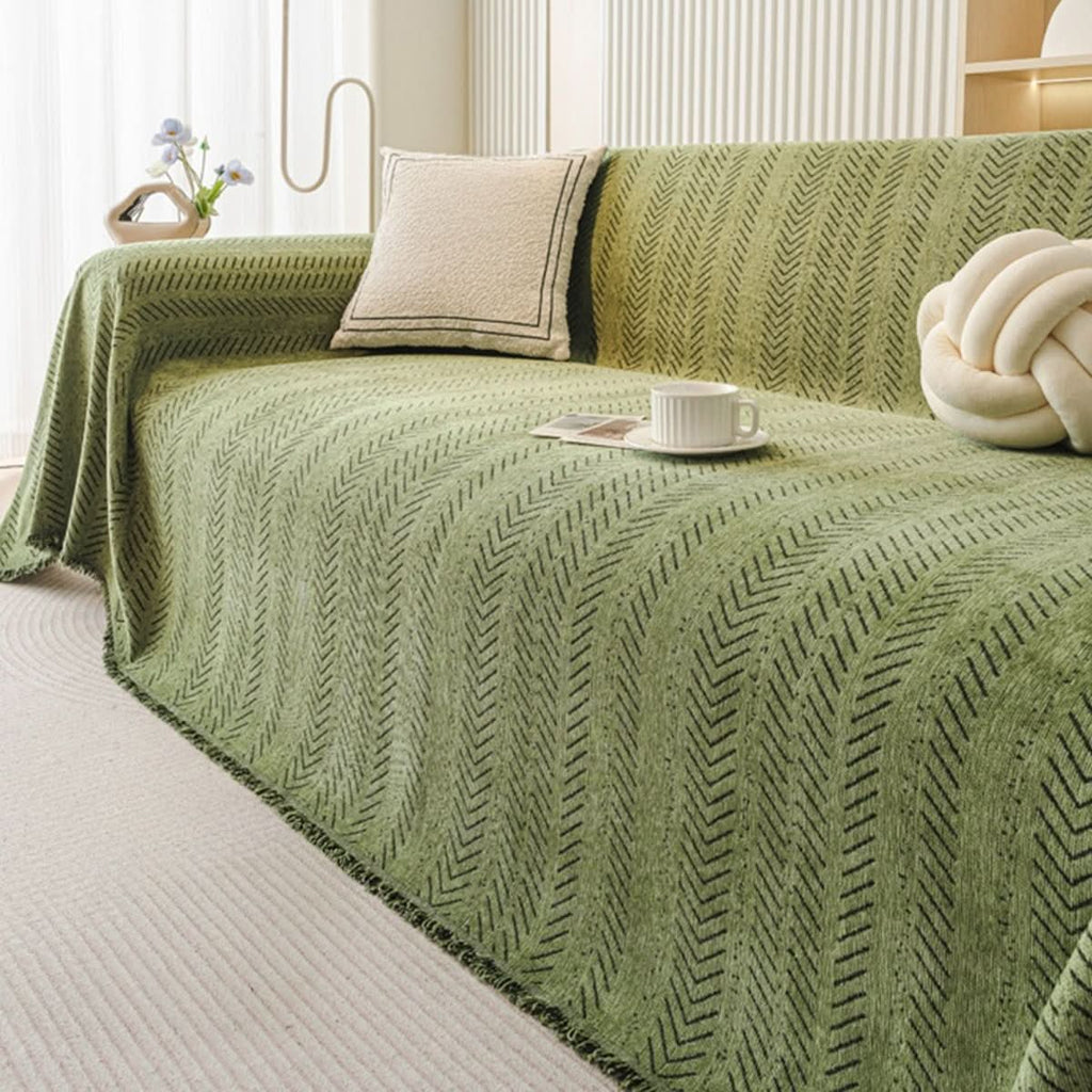 Chenille Sofa Cover Scratch Resistant Washable Sofa Throw with Herringbone Pattern and Fringe for Pet Owners and Families