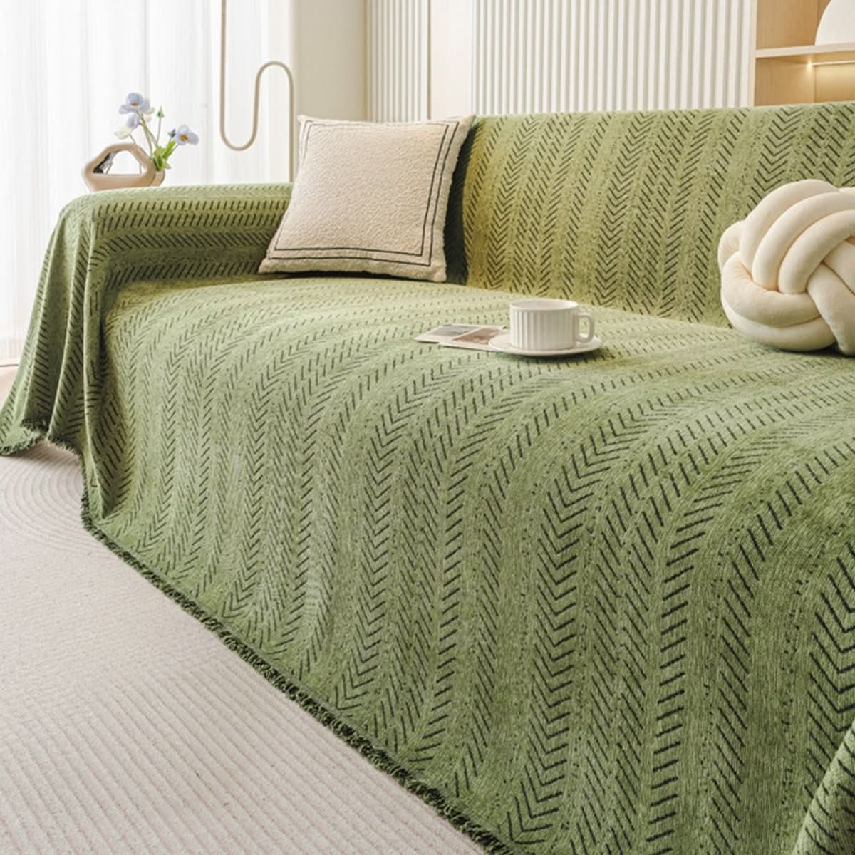 Chenille Sofa Cover Scratch Resistant Washable Sofa Throw with Herringbone Pattern and Fringe for Pet Owners and Families