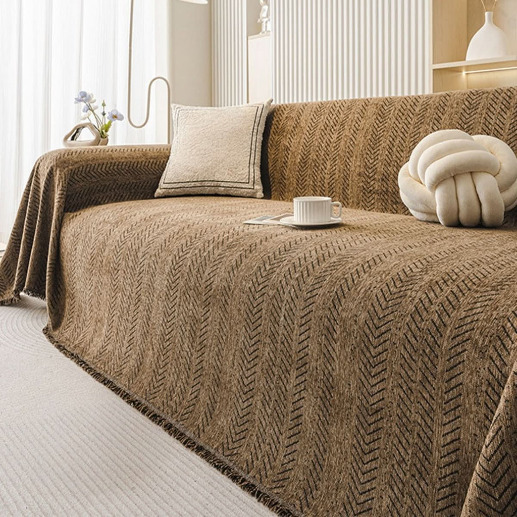 Chenille Sofa Cover Scratch Resistant Washable Sofa Throw with Herringbone Pattern and Fringe for Pet Owners and Families