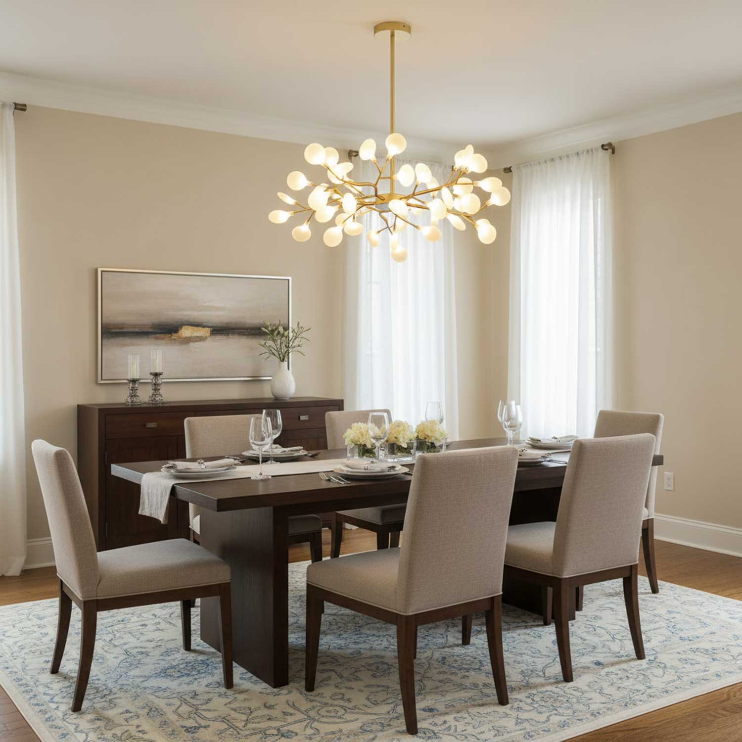 Branching Sputnik Chandelier With Frosted Teardrop Glass Shades
