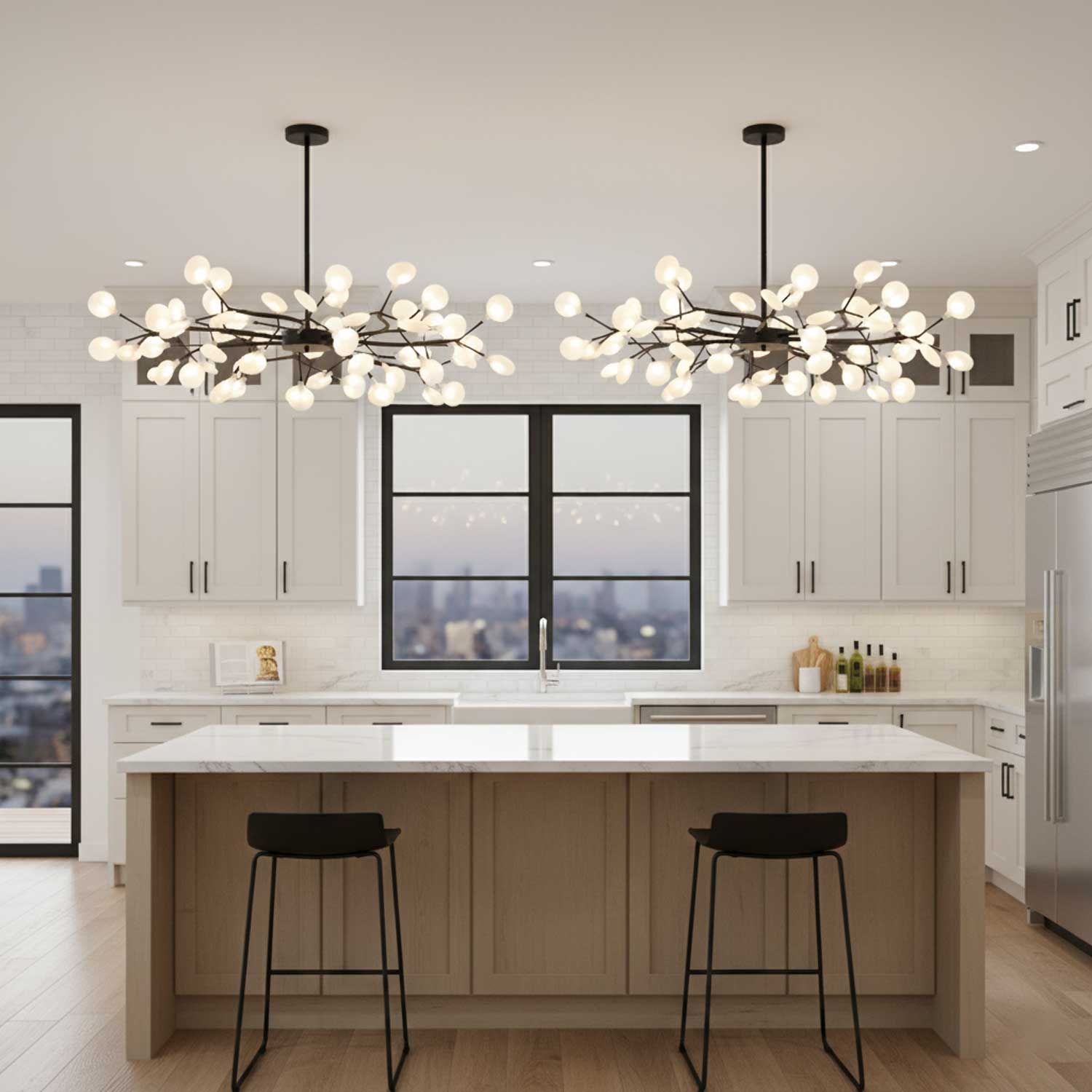 Branching Sputnik Chandelier With Frosted Teardrop Glass Shades