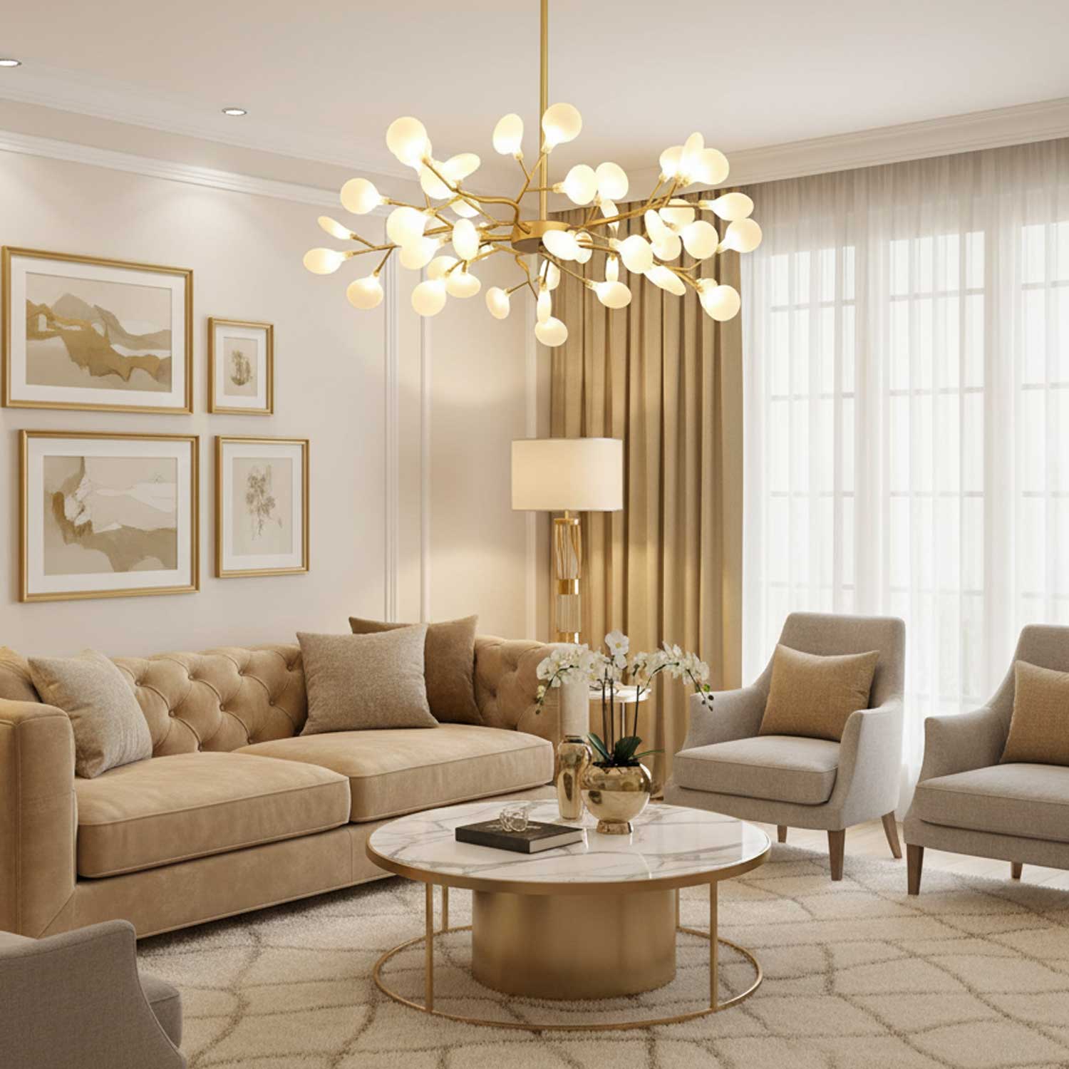 Branching Sputnik Chandelier With Frosted Teardrop Glass Shades