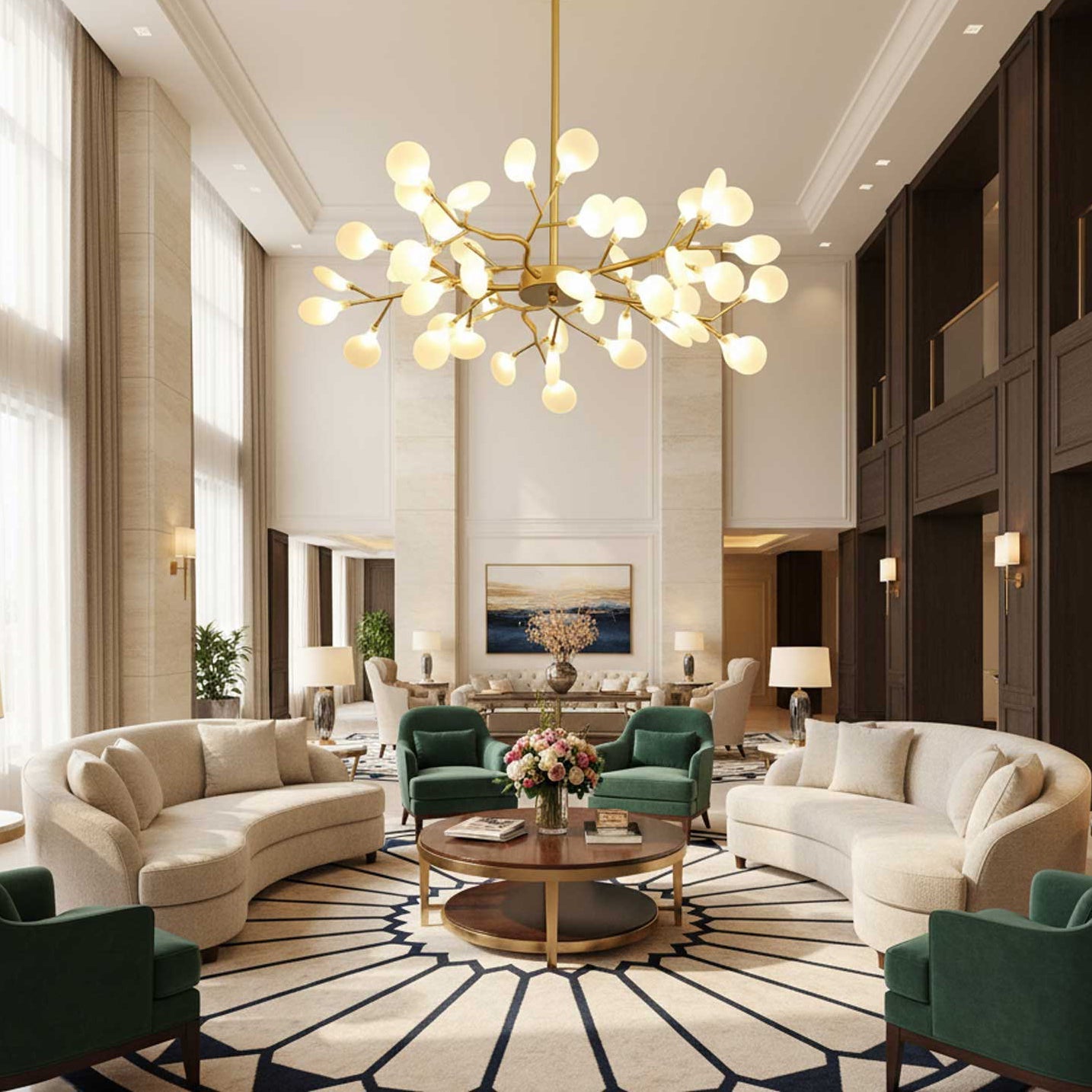 Branching Sputnik Chandelier With Frosted Teardrop Glass Shades