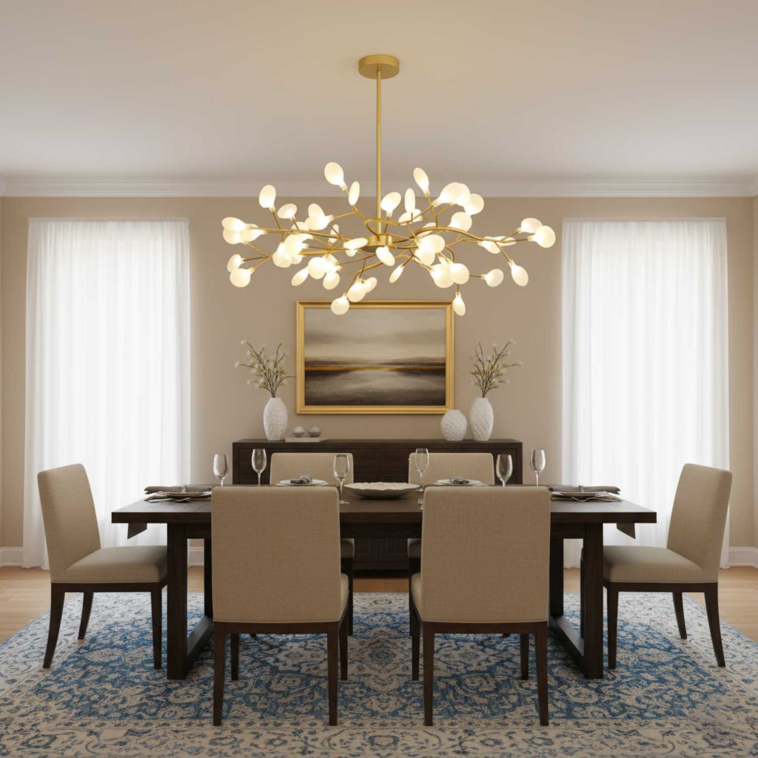 Branching Sputnik Chandelier With Frosted Teardrop Glass Shades