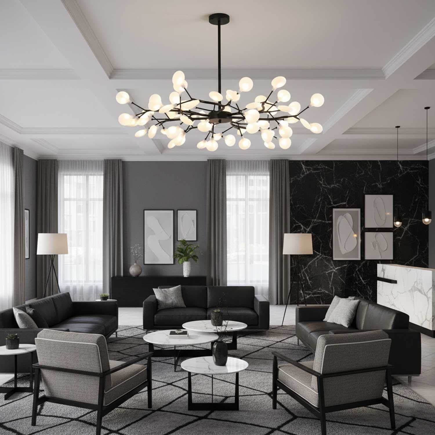 Branching Sputnik Chandelier With Frosted Teardrop Glass Shades