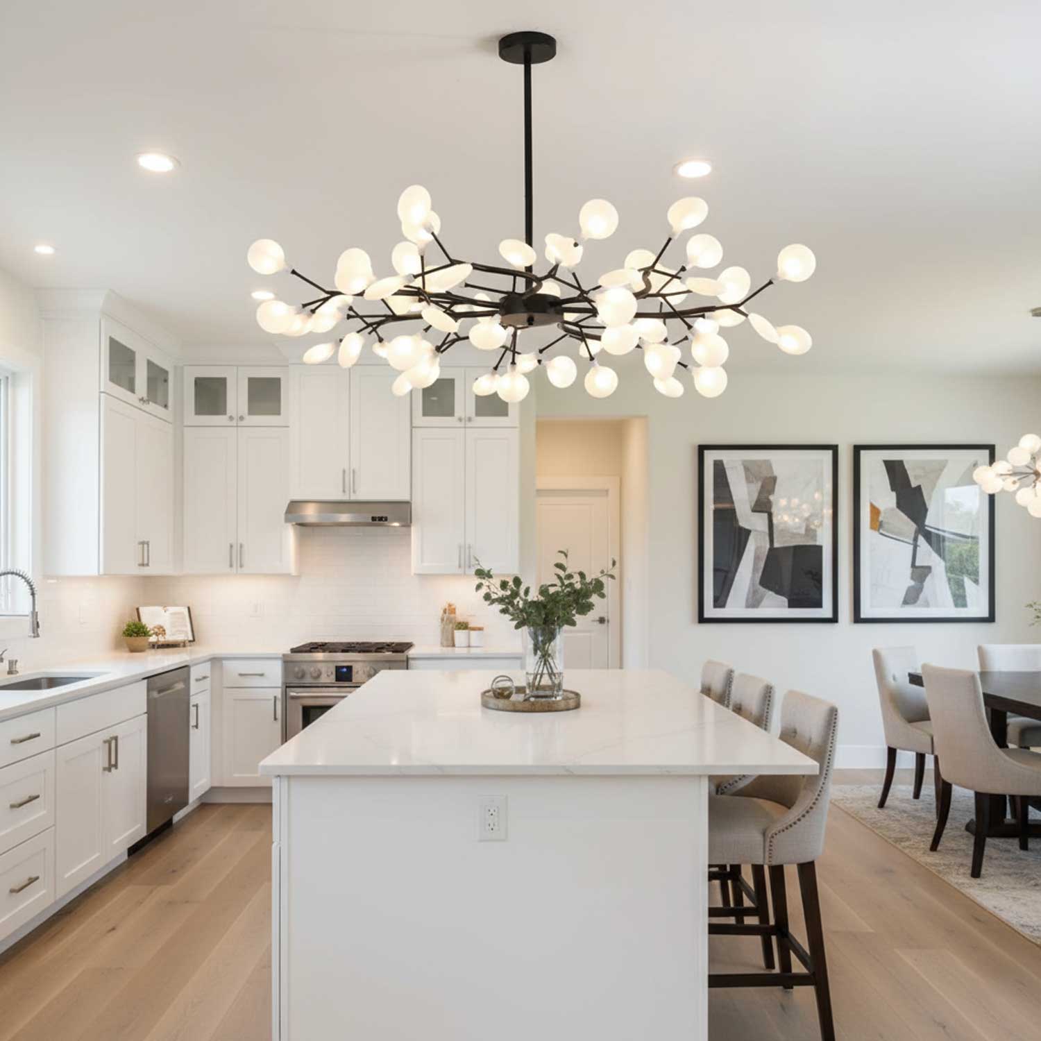 Branching Sputnik Chandelier With Frosted Teardrop Glass Shades
