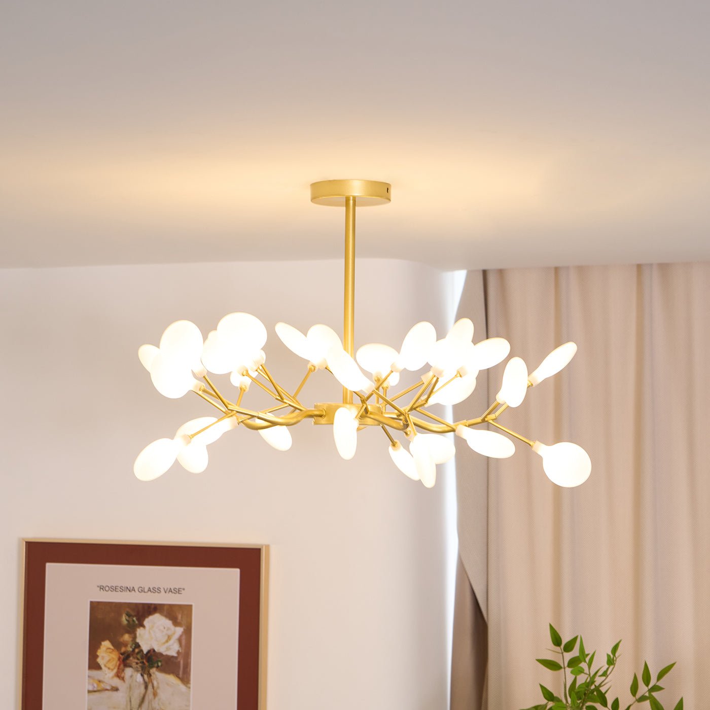 Branching Sputnik Chandelier With Frosted Teardrop Glass Shades