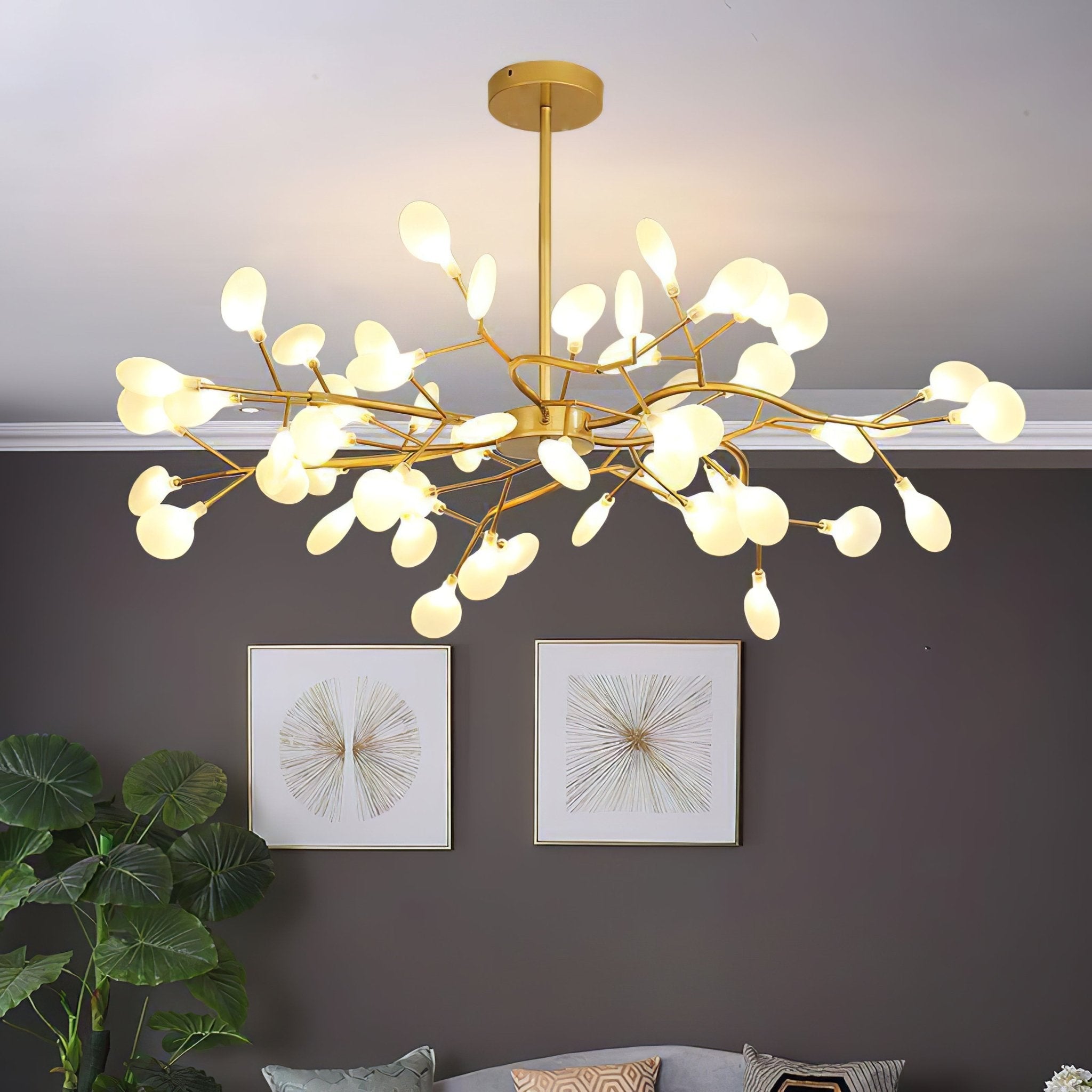 Branching Sputnik Chandelier With Frosted Teardrop Glass Shades