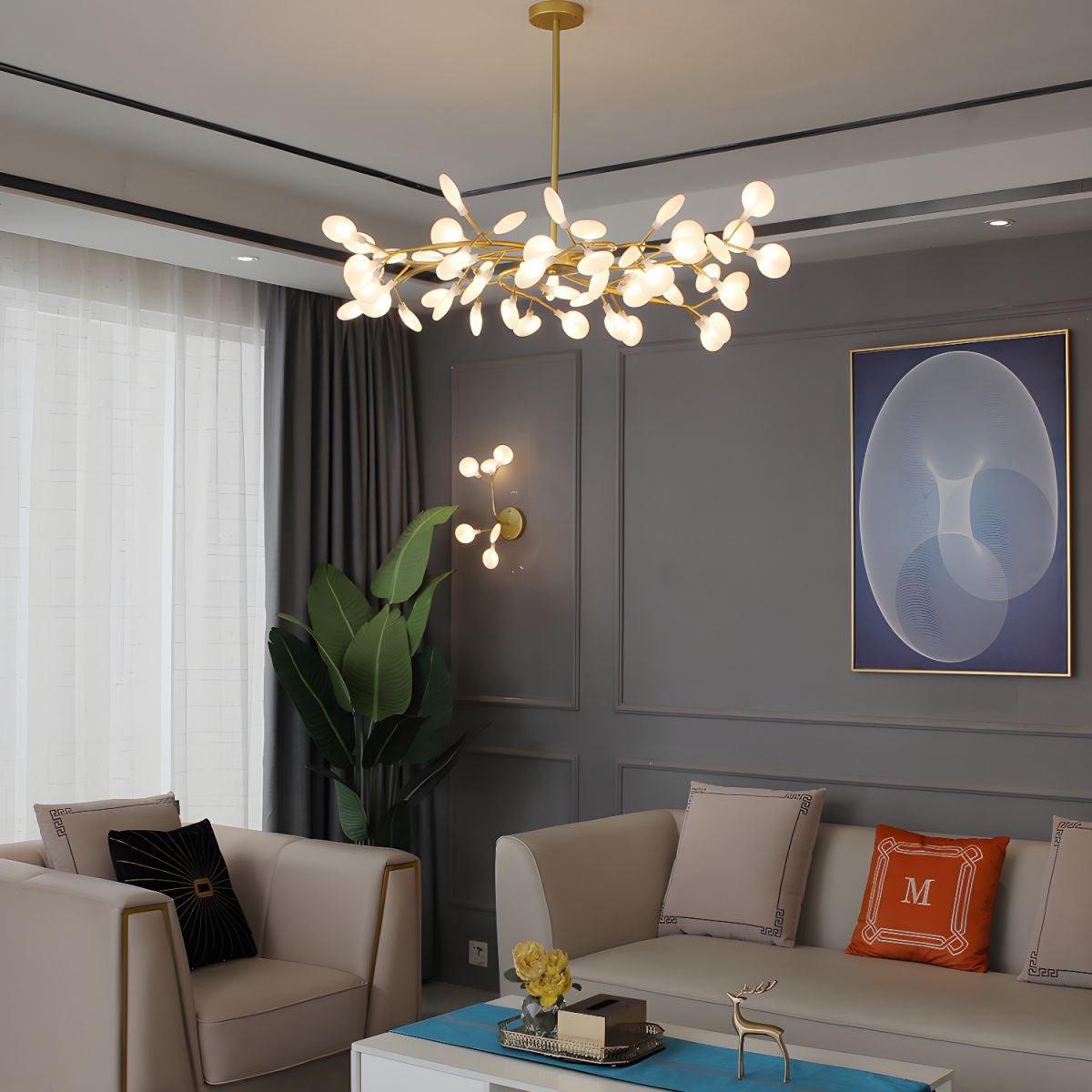 Branching Sputnik Chandelier With Frosted Teardrop Glass Shades