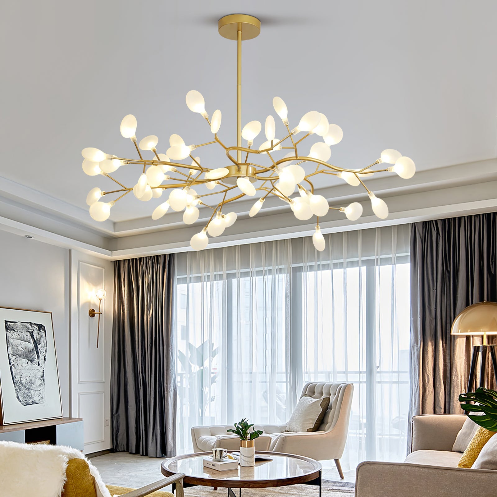 Branching Sputnik Chandelier With Frosted Teardrop Glass Shades