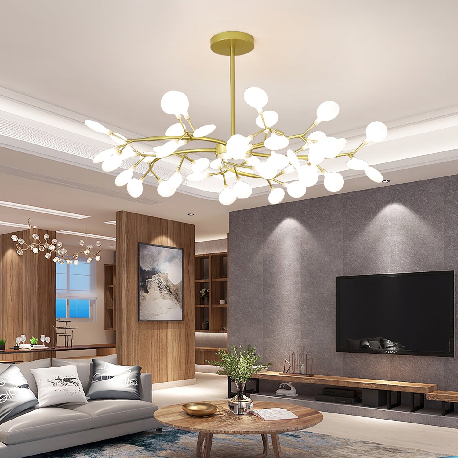 Branching Sputnik Chandelier With Frosted Teardrop Glass Shades
