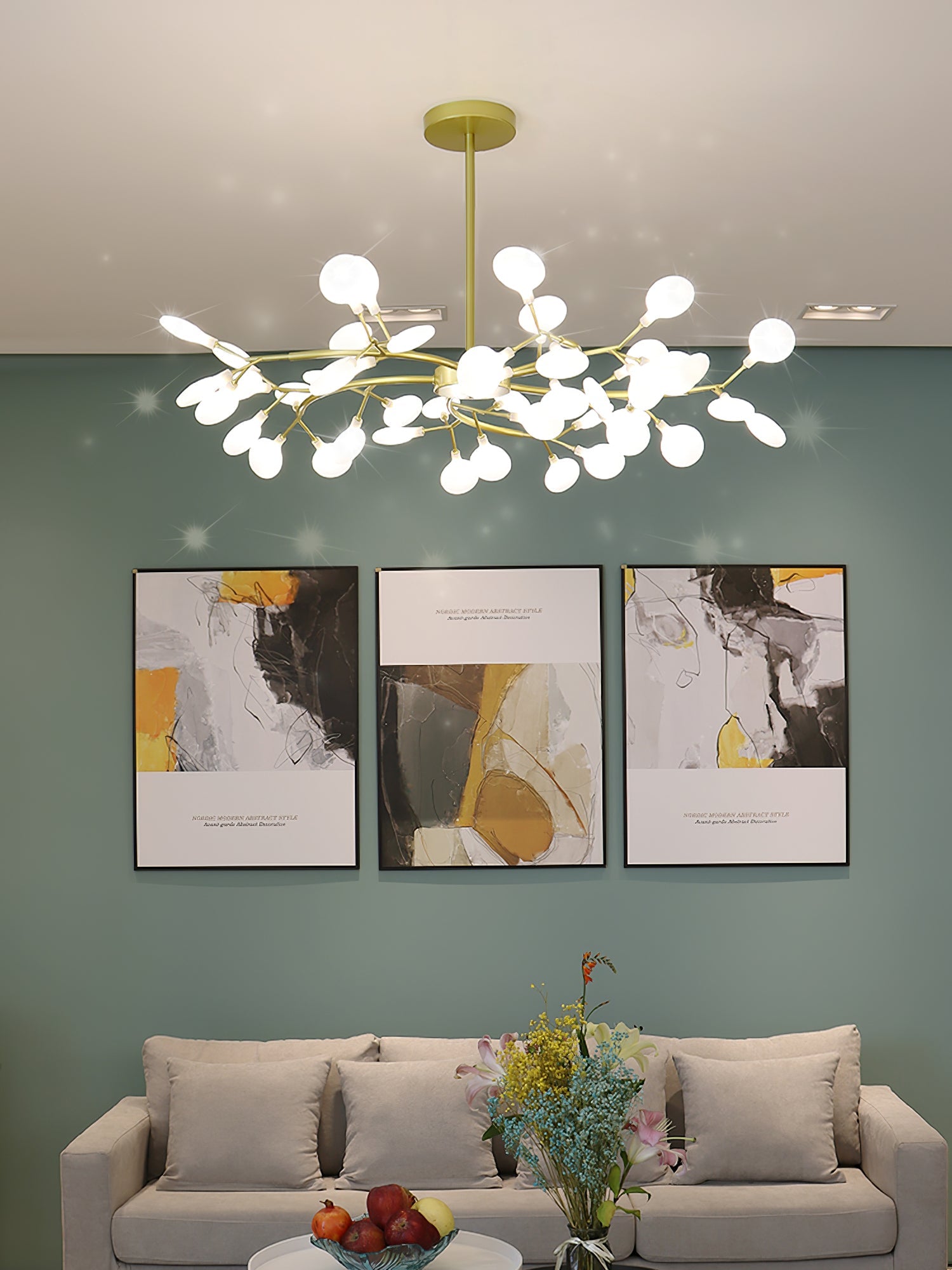 Branching Sputnik Chandelier With Frosted Teardrop Glass Shades