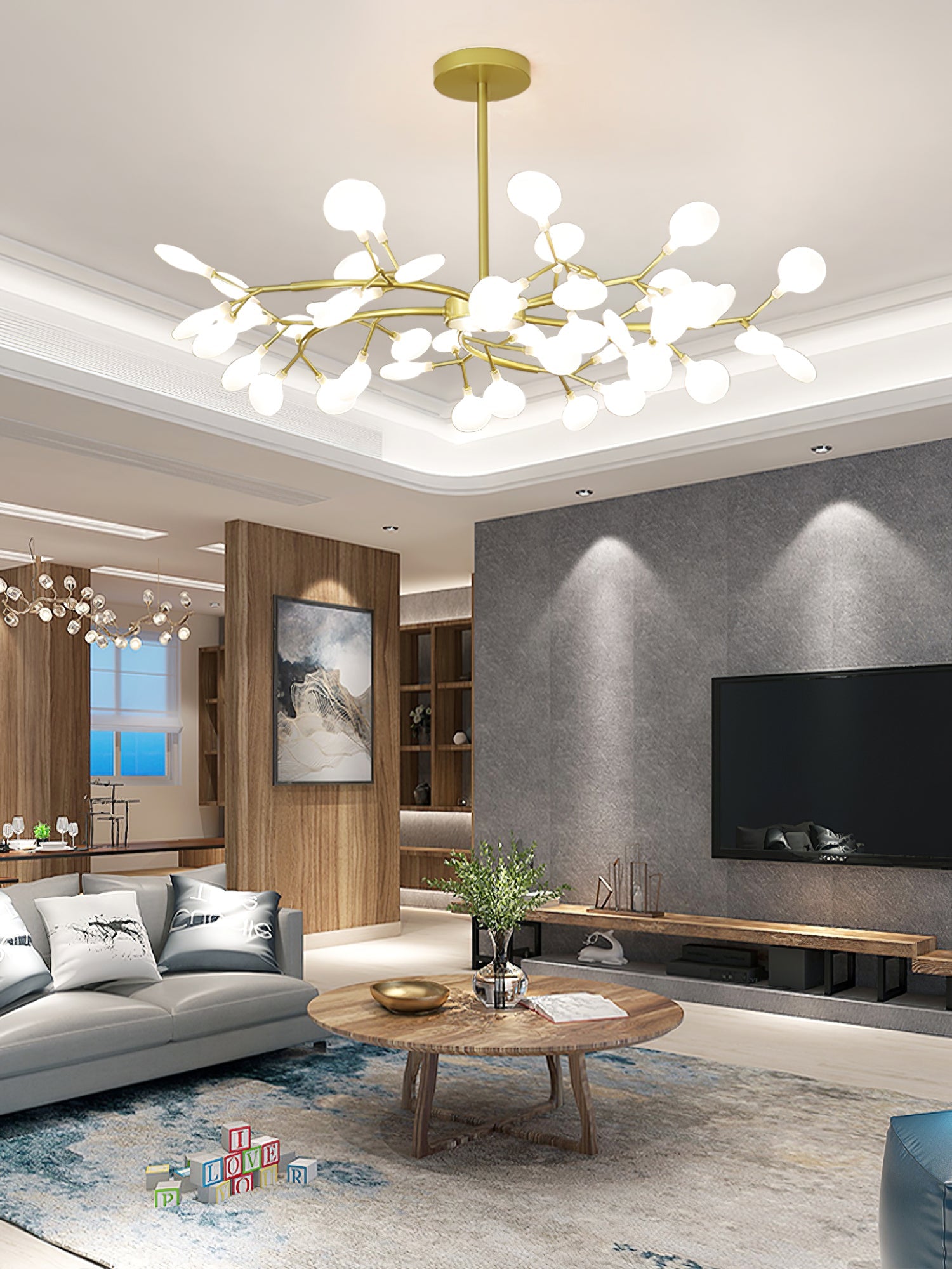 Branching Sputnik Chandelier With Frosted Teardrop Glass Shades