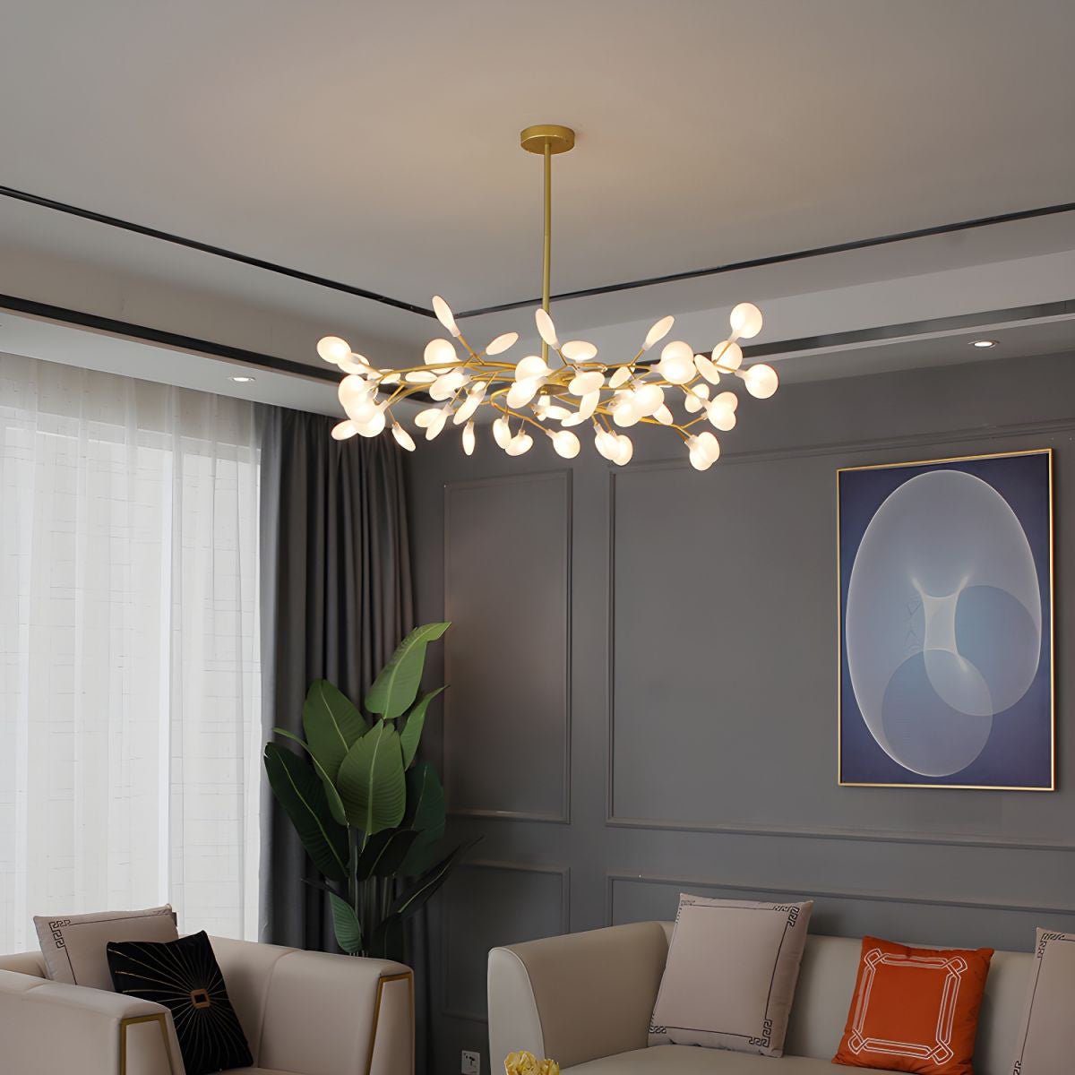 Branching Sputnik Chandelier With Frosted Teardrop Glass Shades