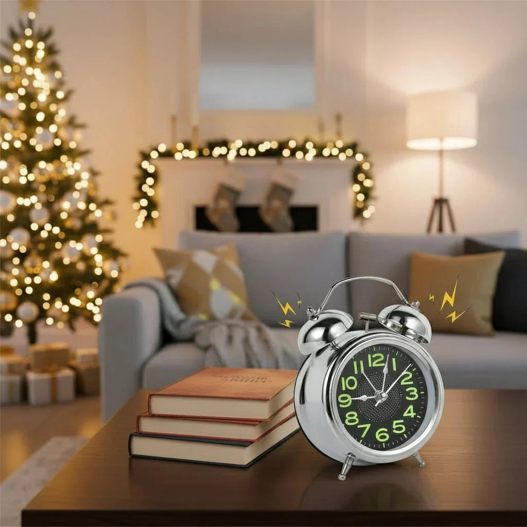 Loud Twin Bell Alarm Clock Retro Metal Analogue Bedside Clock with Silent Non-Ticking Movement | Night Light and Luminous Dial for Heavy Sleepers
