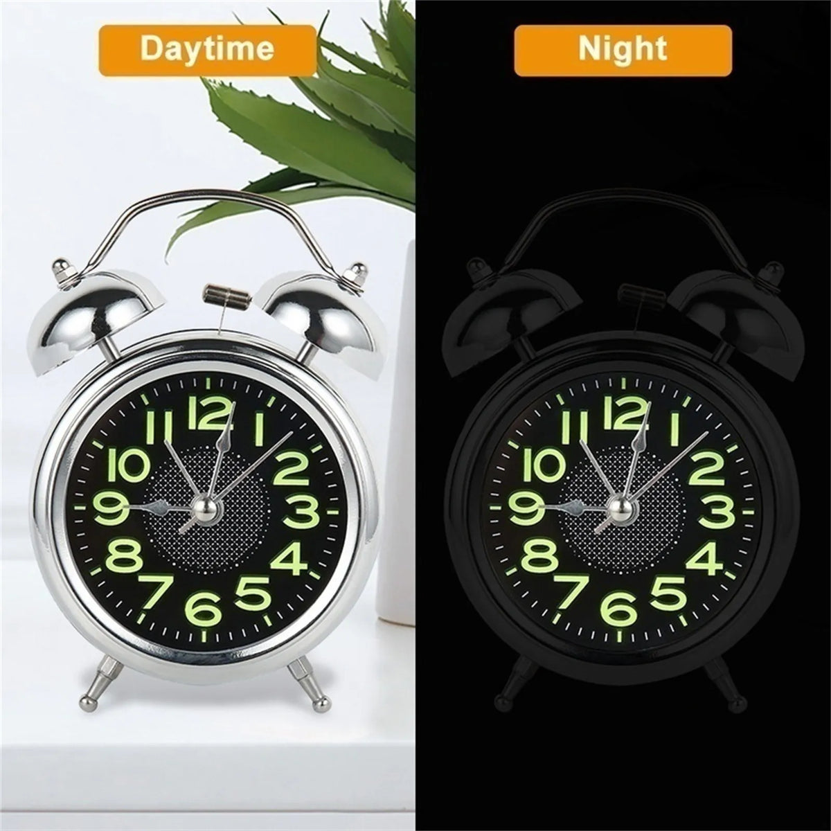 Loud Twin Bell Alarm Clock Retro Metal Analogue Bedside Clock with Silent Non-Ticking Movement | Night Light and Luminous Dial for Heavy Sleepers