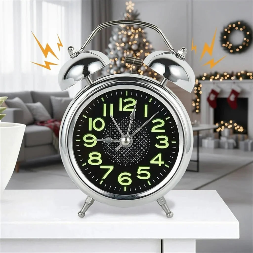 Loud Twin Bell Alarm Clock Retro Metal Analogue Bedside Clock with Silent Non-Ticking Movement | Night Light and Luminous Dial for Heavy Sleepers