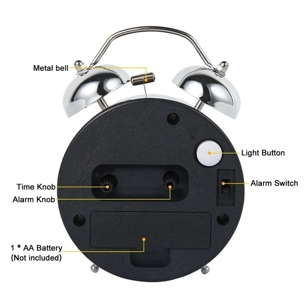 Loud Twin Bell Alarm Clock Retro Metal Analogue Bedside Clock with Silent Non-Ticking Movement | Night Light and Luminous Dial for Heavy Sleepers