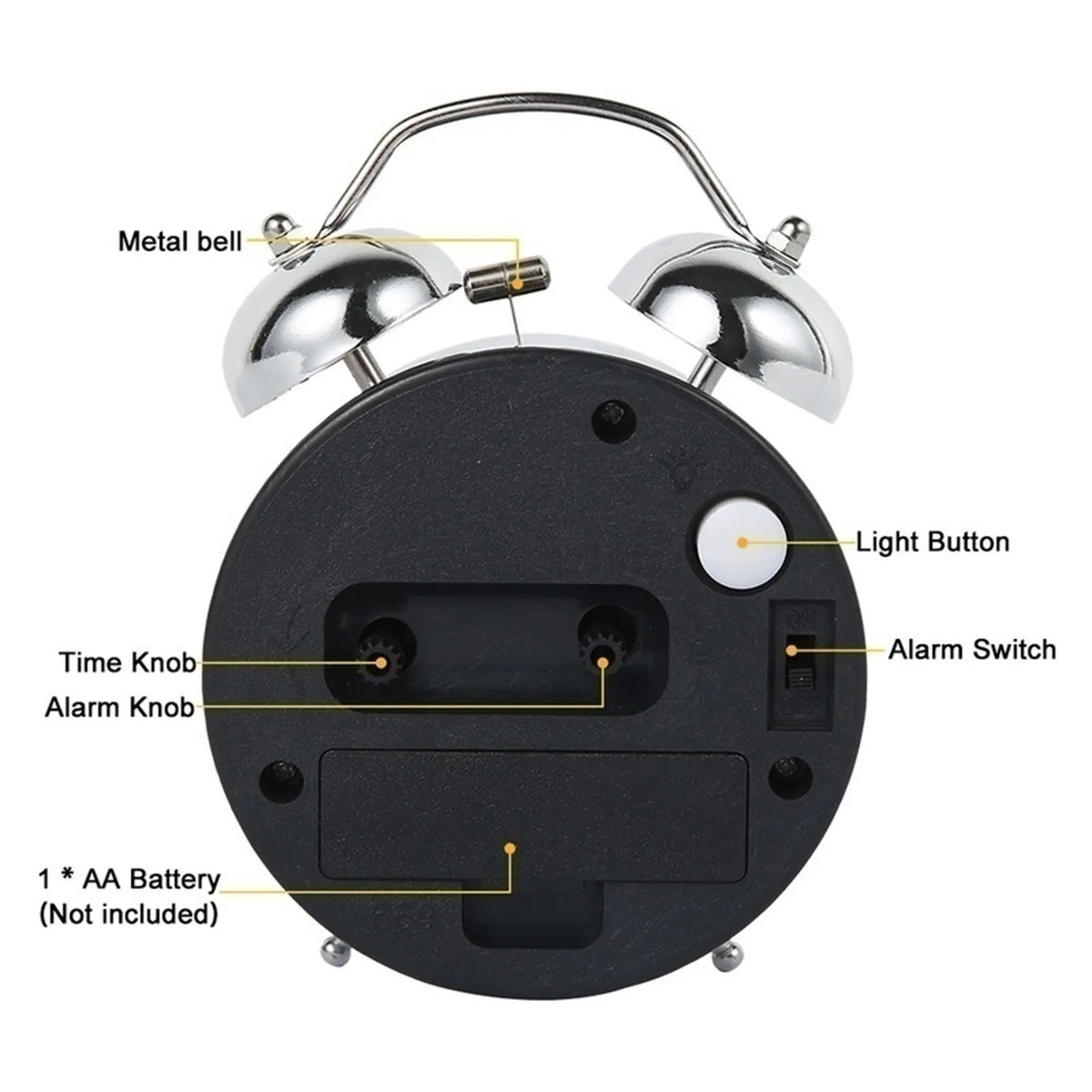 Loud Twin Bell Alarm Clock Retro Metal Analogue Bedside Clock with Silent Non-Ticking Movement | Night Light and Luminous Dial for Heavy Sleepers