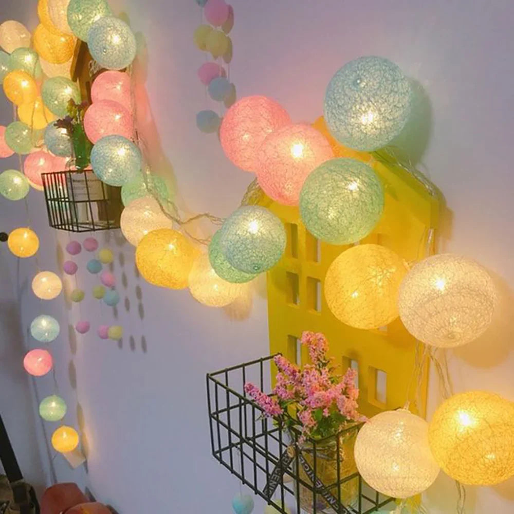 Cotton Ball String Lights LED Fairy Lights with Woven Cotton Balls Battery or USB Powered Garland Lights for Bedroom | Living Room | Nursery and Party