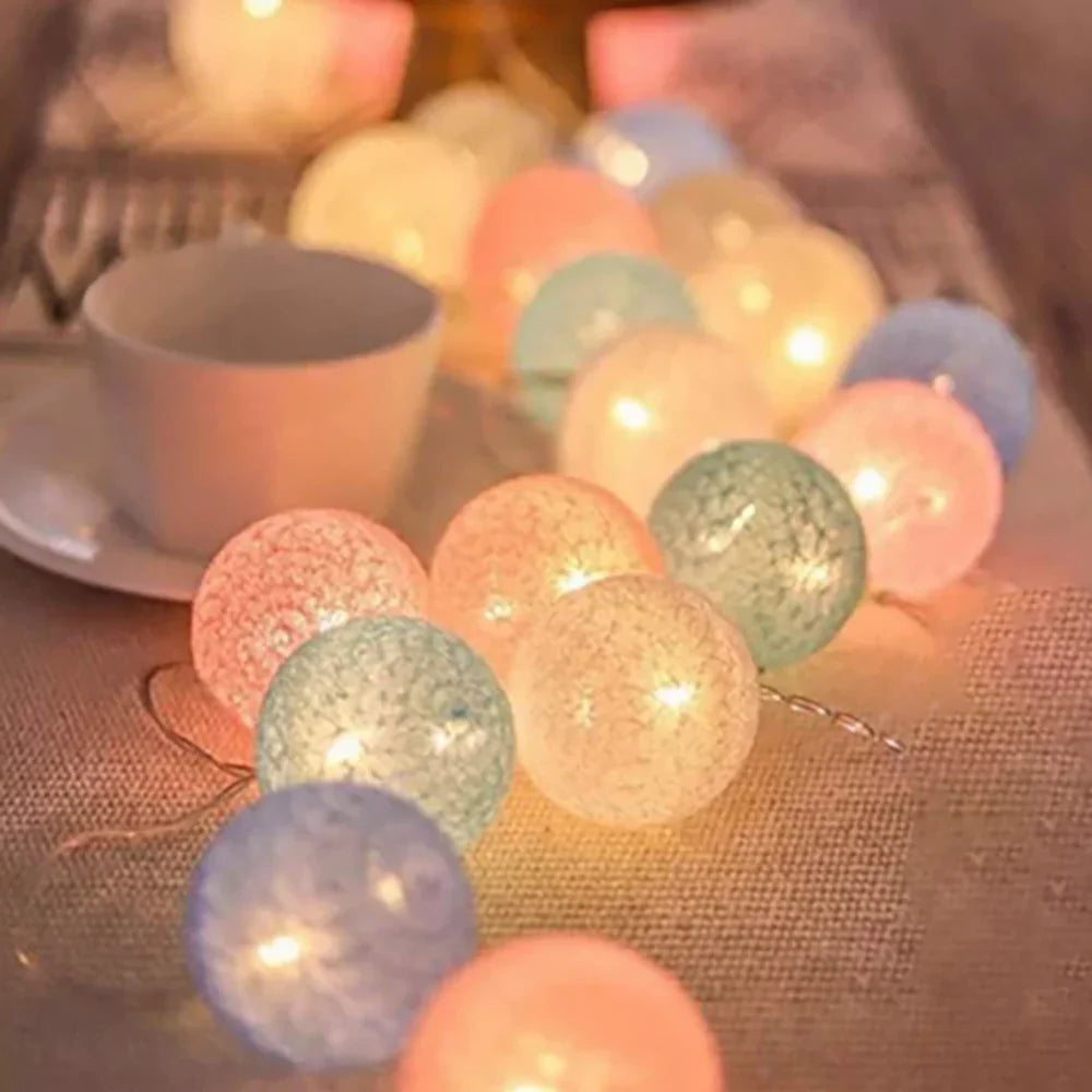 Cotton Ball String Lights LED Fairy Lights with Woven Cotton Balls Battery or USB Powered Garland Lights for Bedroom | Living Room | Nursery and Party