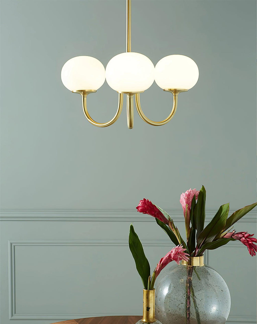 3-Light Glass Globe Chandelier With Brass Frame