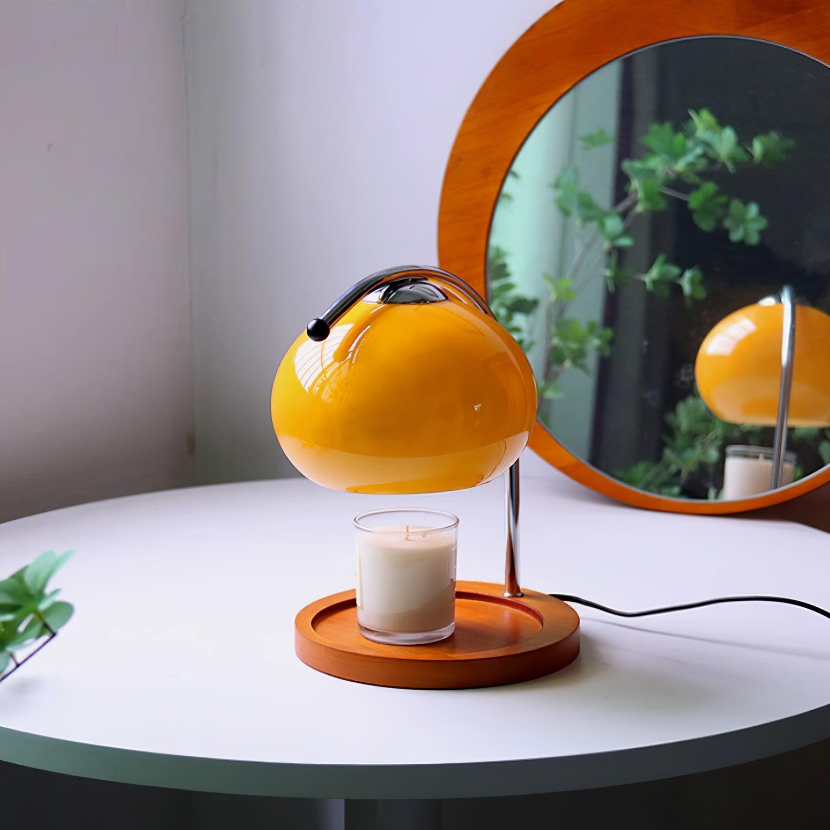 Arched Candle Warmer Table Lamp With Glass Shade And Wooden Tray Base