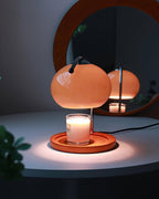 Arched Candle Warmer Table Lamp With Glass Shade And Wooden Tray Base