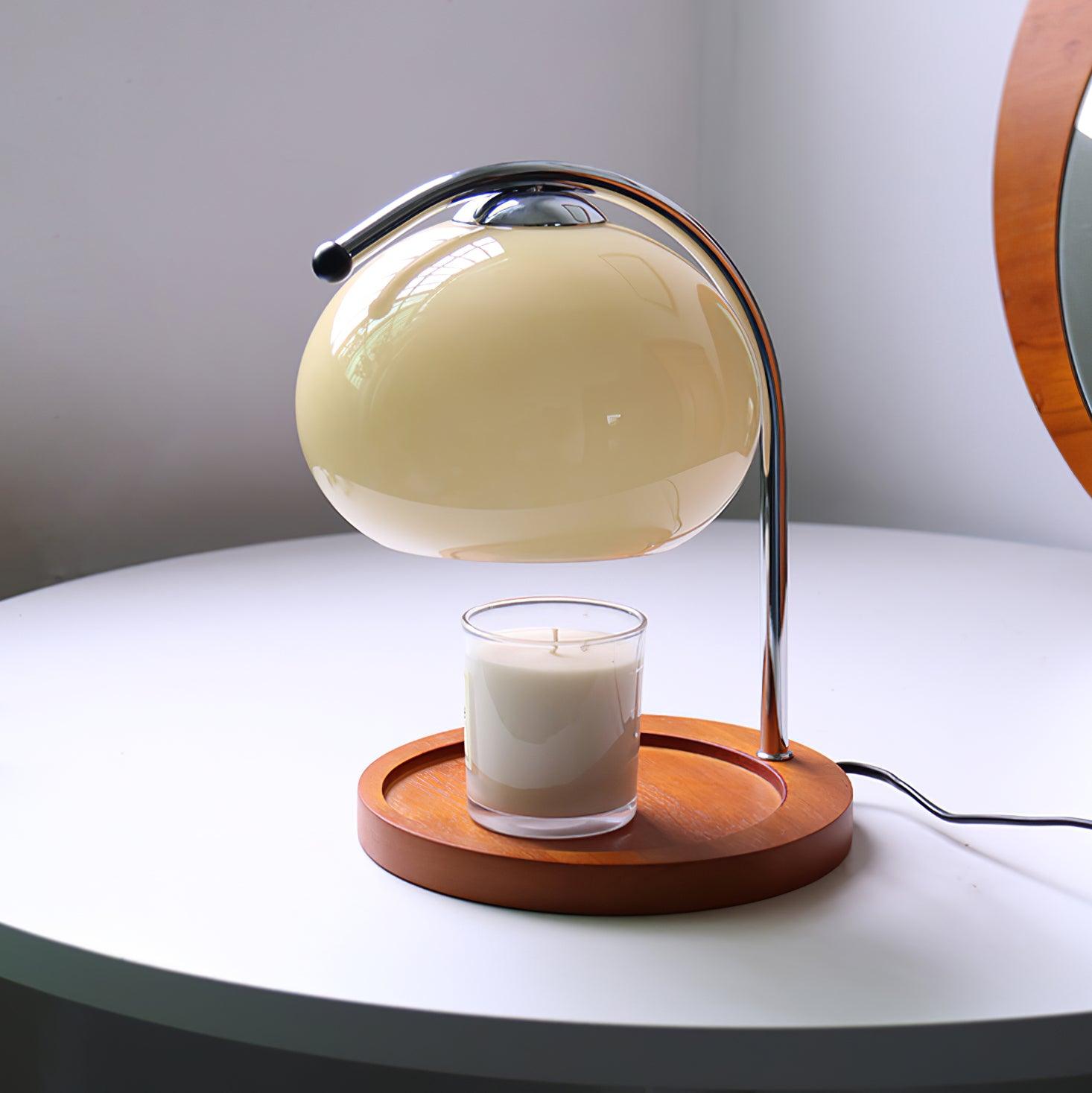 Arched Candle Warmer Table Lamp With Glass Shade And Wooden Tray Base
