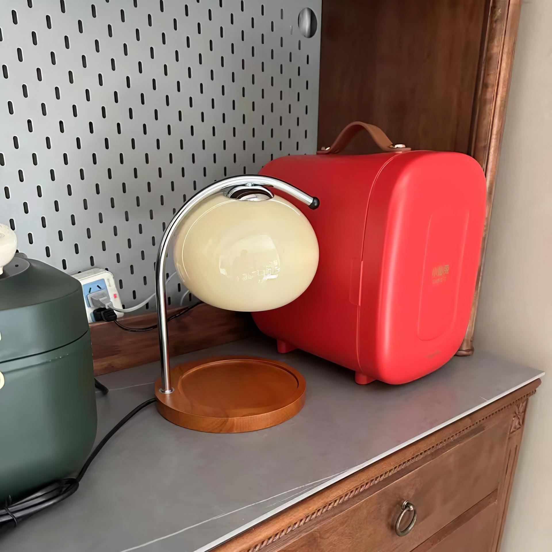 Arched Candle Warmer Table Lamp With Glass Shade And Wooden Tray Base