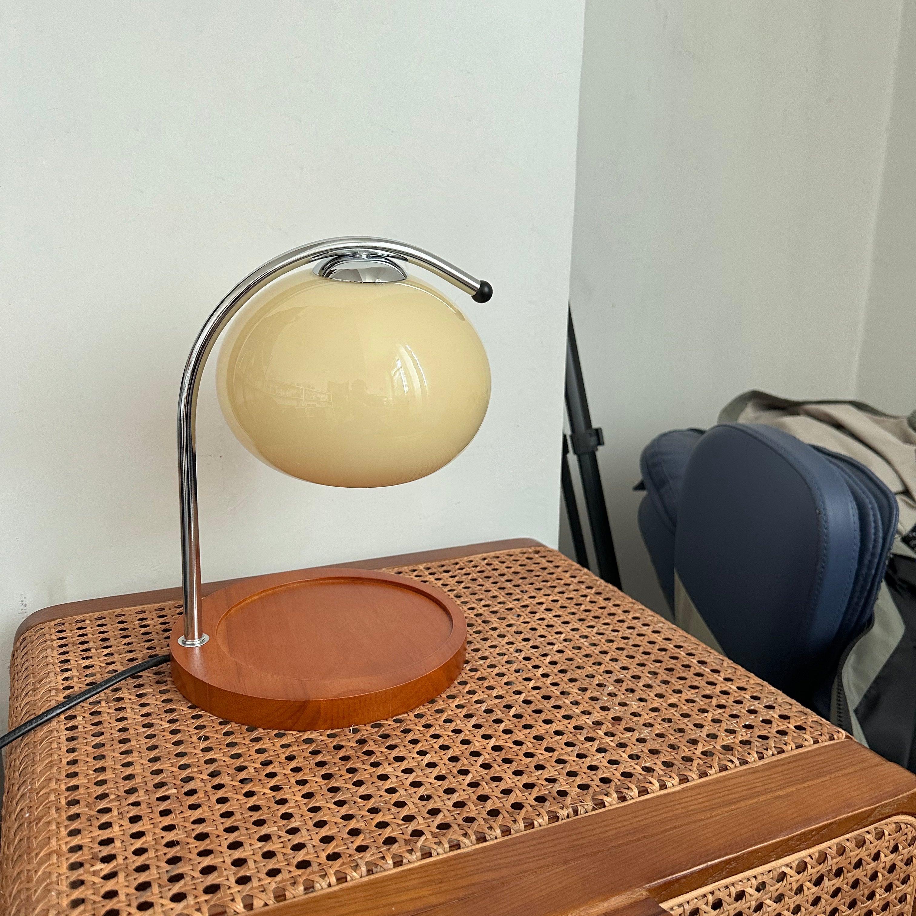 Arched Candle Warmer Table Lamp With Glass Shade And Wooden Tray Base